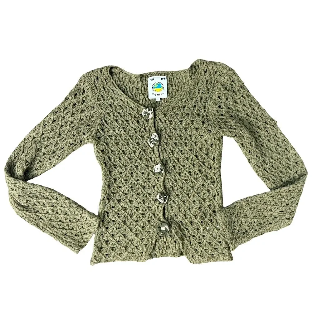 UNIF Olive Green Crochet Open Knit Rose Flower Snap Front Cardigan Sweater sz S - Picture 10 of 11